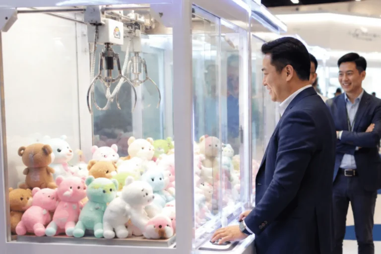 Business attendees gather around a prize machine during a corporate exhibition using claw machine rental in Singapore to encourage booth engagement