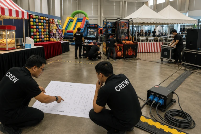 Event equipment rental in Singapore is being organised as crew members review a floor plan and install carnival games, inflatables, food stations, and power cables