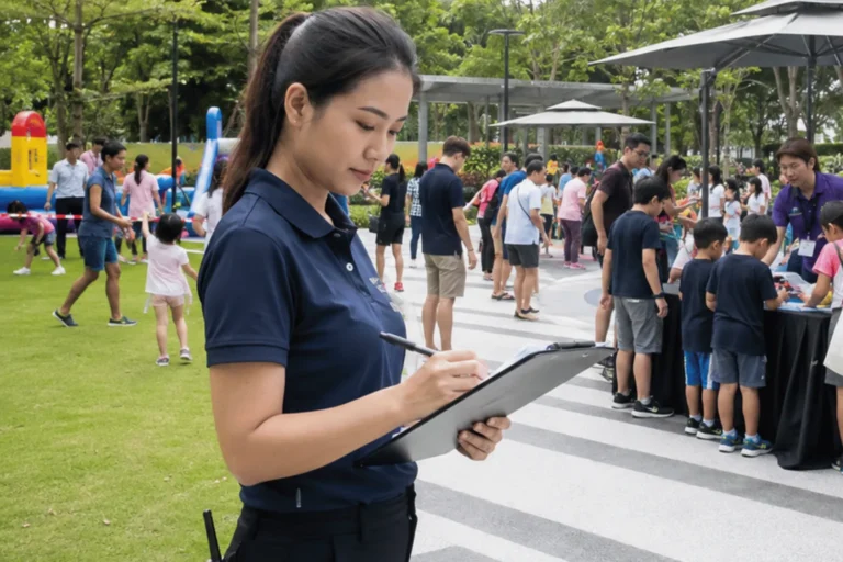 A corporate family day specialist reviews the event plan while families and children participate in organised outdoor activities