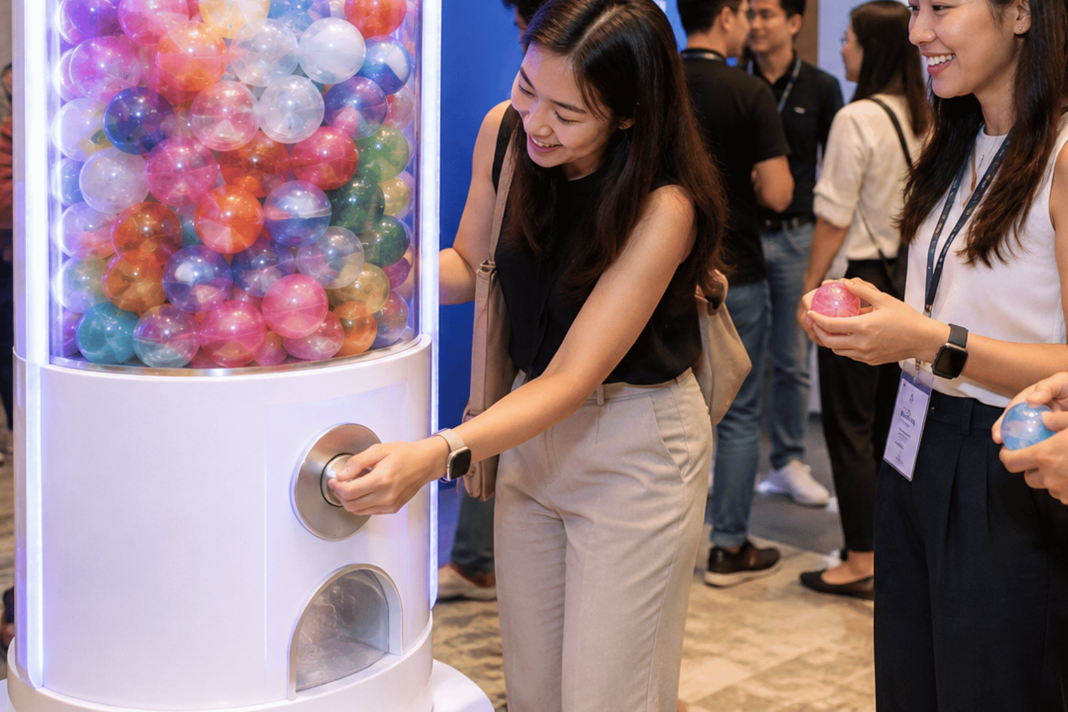Gashapon machine rental in Singapore gives corporate event attendees an interactive activity where they collect colourful capsule prizes from the machine