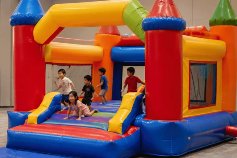 Children play inside a colourful inflatable attraction supplied through bouncy castle rental in Singapore at a spacious indoor venue