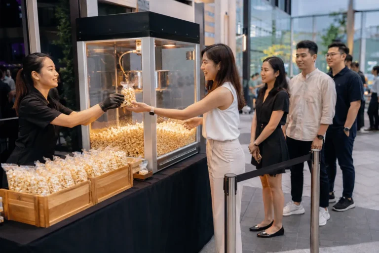 An attendant distributes prepared popcorn to guests waiting in an orderly line beside a popcorn machine rental in Singapore