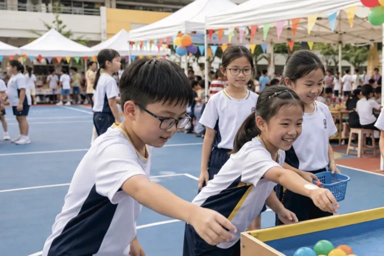 Primary school students enjoy a colourful ball game provided through carnival games rental in Singapore at an outdoor school fair