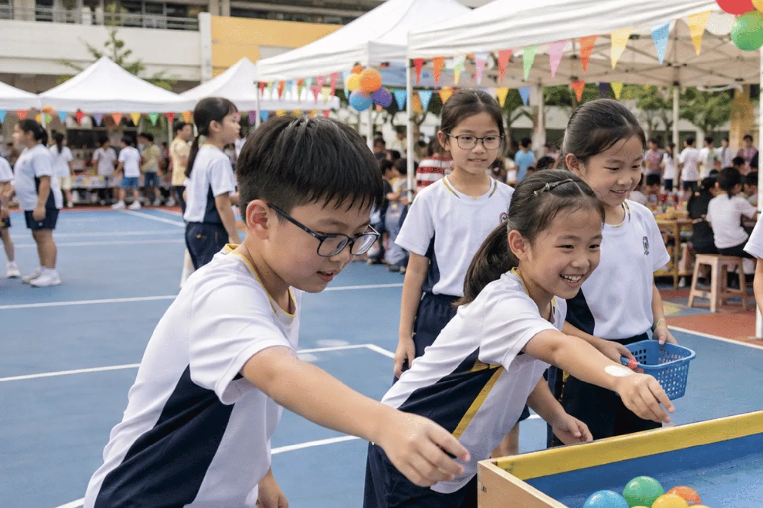 Primary school students enjoy a colourful ball game provided through carnival games rental in Singapore at an outdoor school fair
