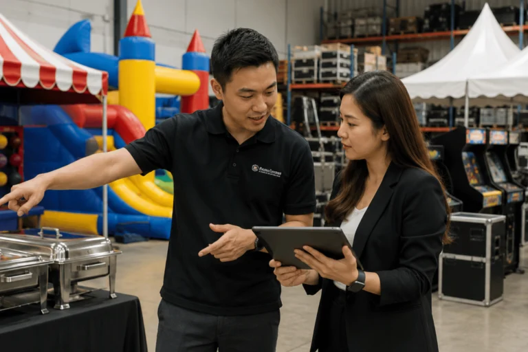 An Event equipment supplier for agencies discusses the placement of inflatables, food stations, tents, and arcade machines with a female event planner