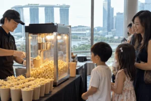A popcorn machine rental in Singapore serves freshly prepared popcorn to children and families at an indoor event with a city view